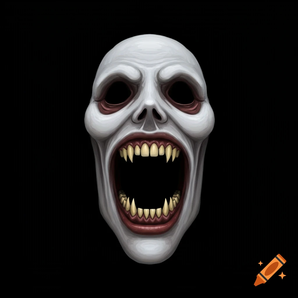 An eerie pale face with empty eye sockets and a wide screaming mouth full of sharp teeth, on a black background, in a stylized drawing.