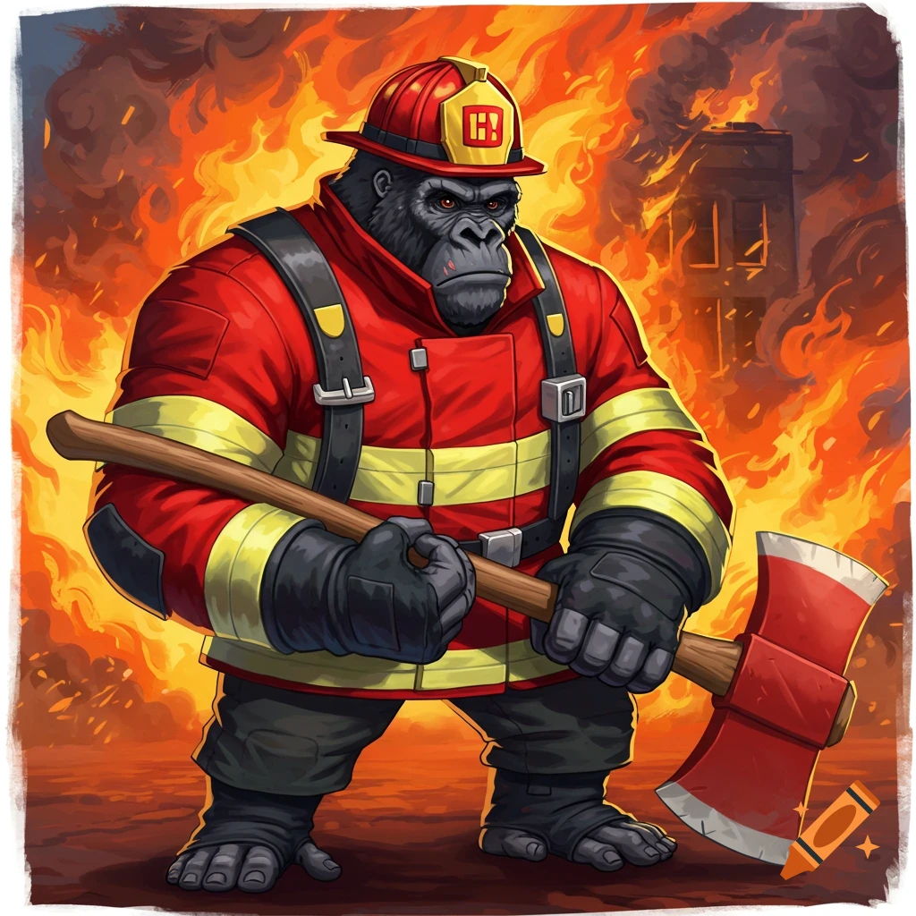 A stylized illustration of a gorilla dressed as a firefighter, holding an axe, standing against a background of orange flames.
