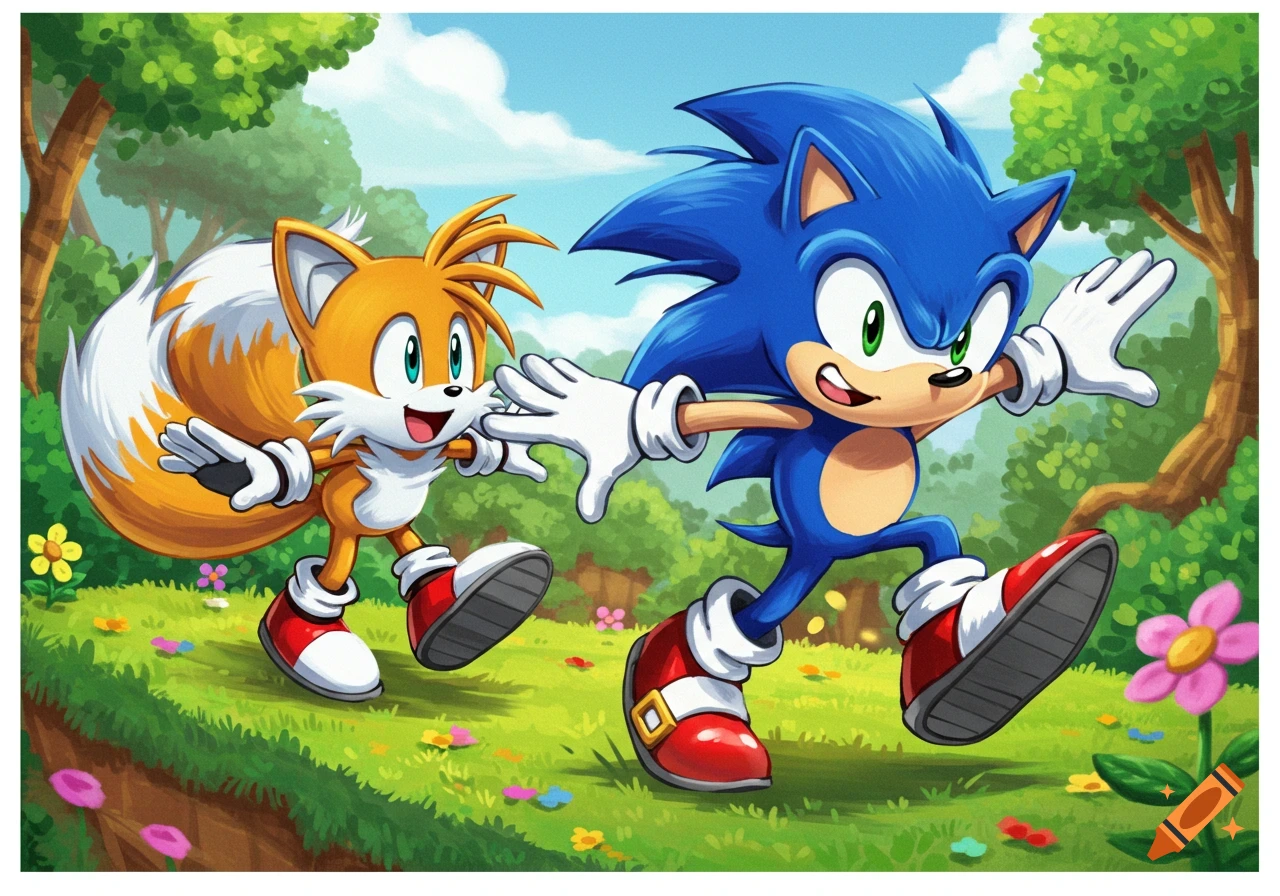 Sonic and Tails running through a vibrant green forest with colorful flowers, in a cartoon illustration style.