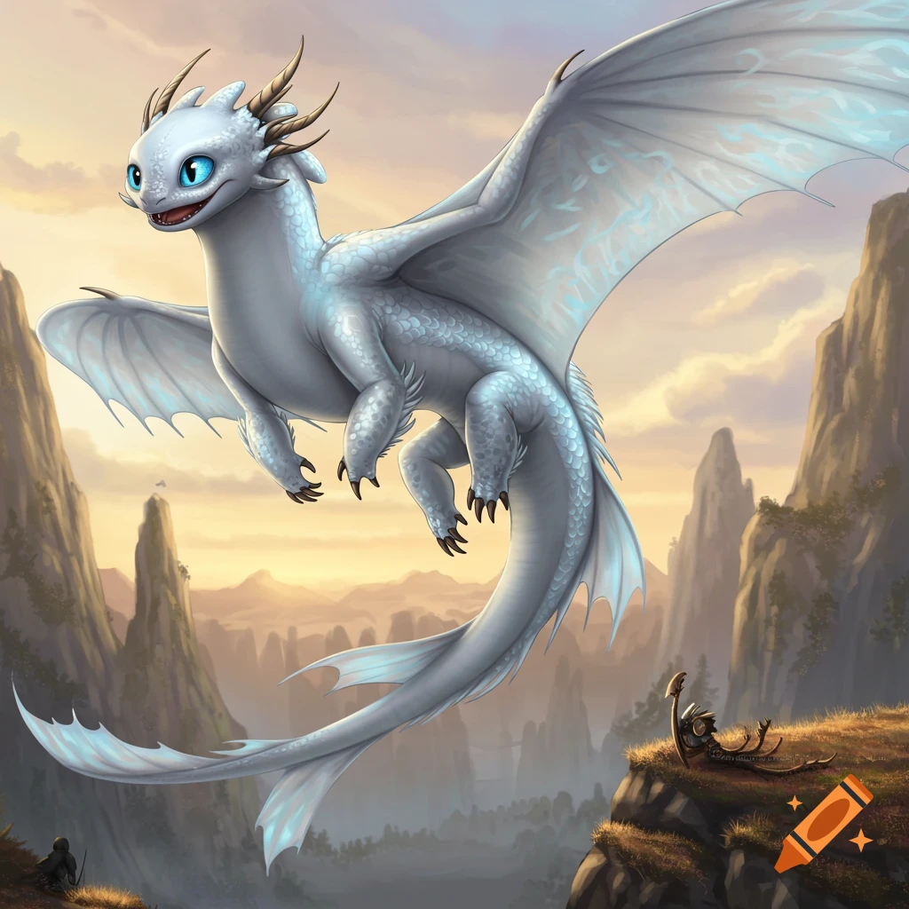 A white dragon with blue eyes flies over a misty mountain valley at sunset, with a small figure on a cliff.