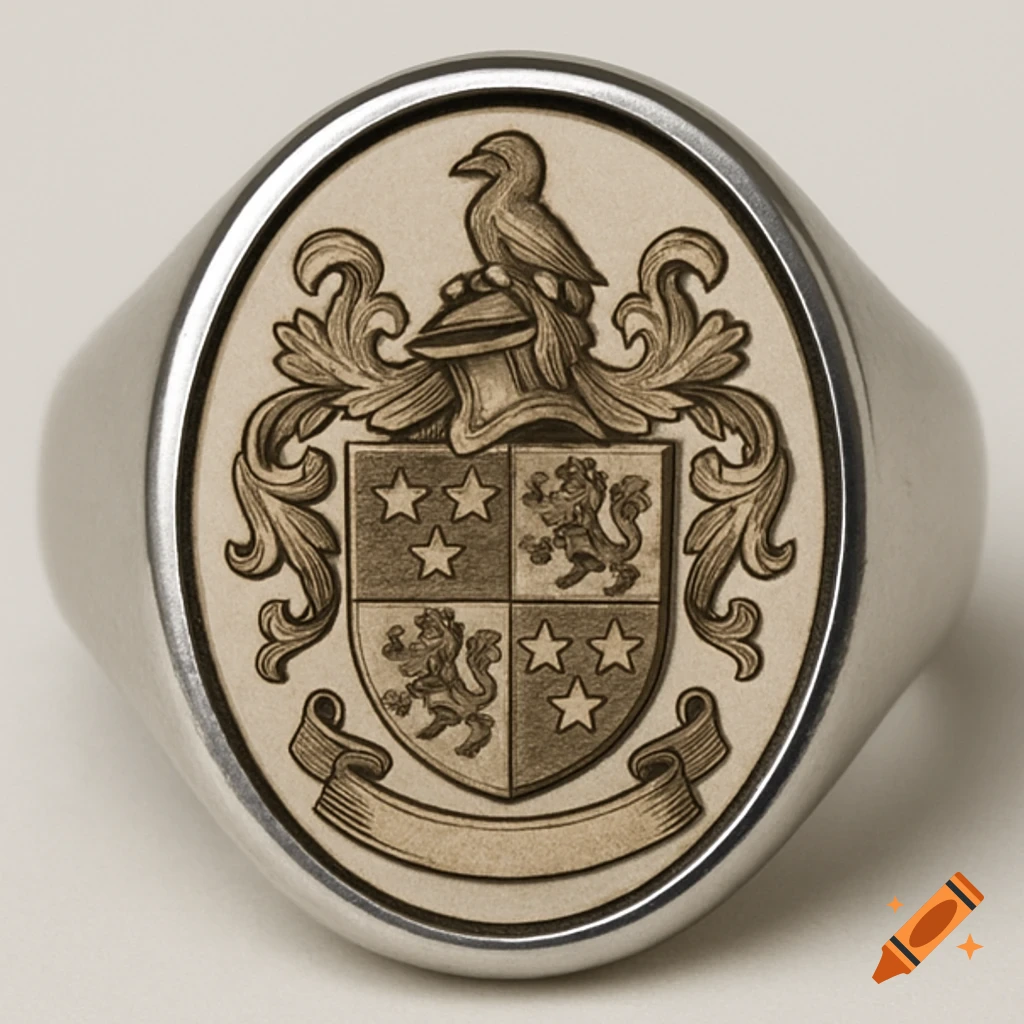 A silver signet ring featuring an engraved oval family crest with a bird, a shield, and a blank banner on a light background.