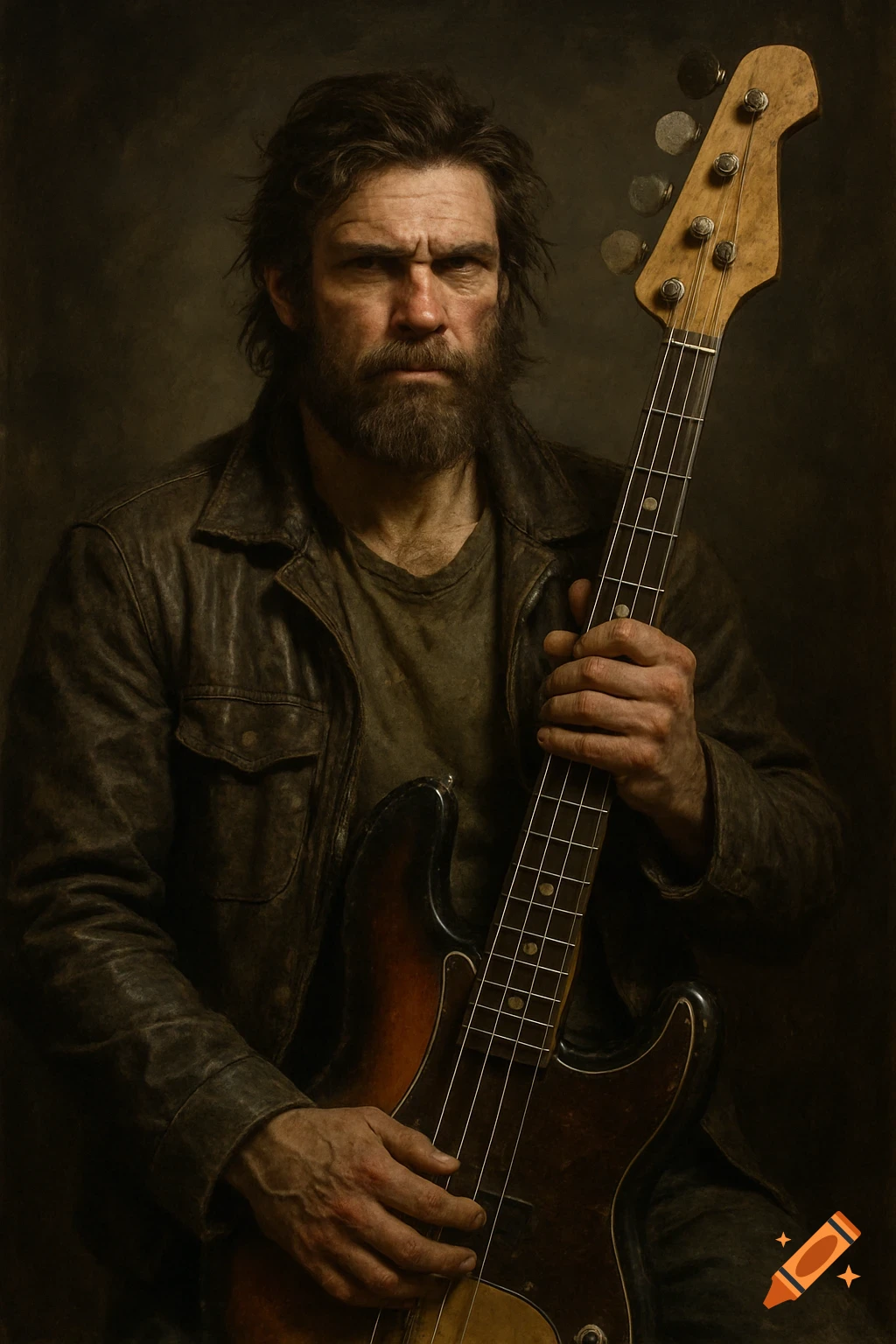 A rugged, bearded man in a leather jacket holds a bass guitar, depicted in a dark, moody portrait.