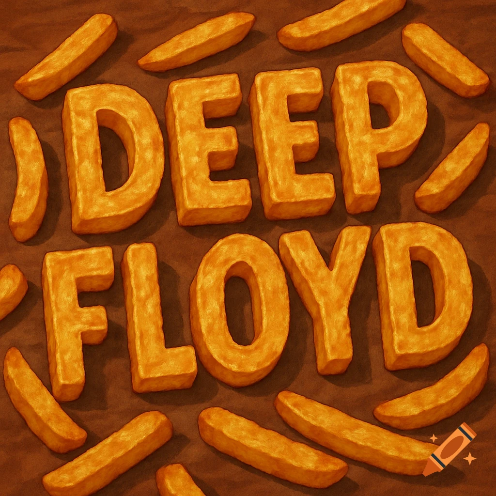 The words 'DEEP FLOYD' formed by crispy, golden-brown steak fries, scattered around on a brown surface.