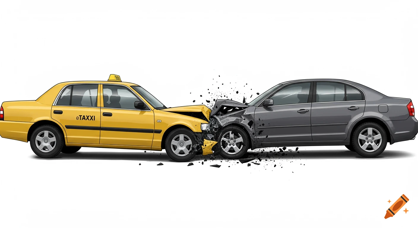 Illustration of a yellow taxi and a grey car after a head-on collision, with debris.