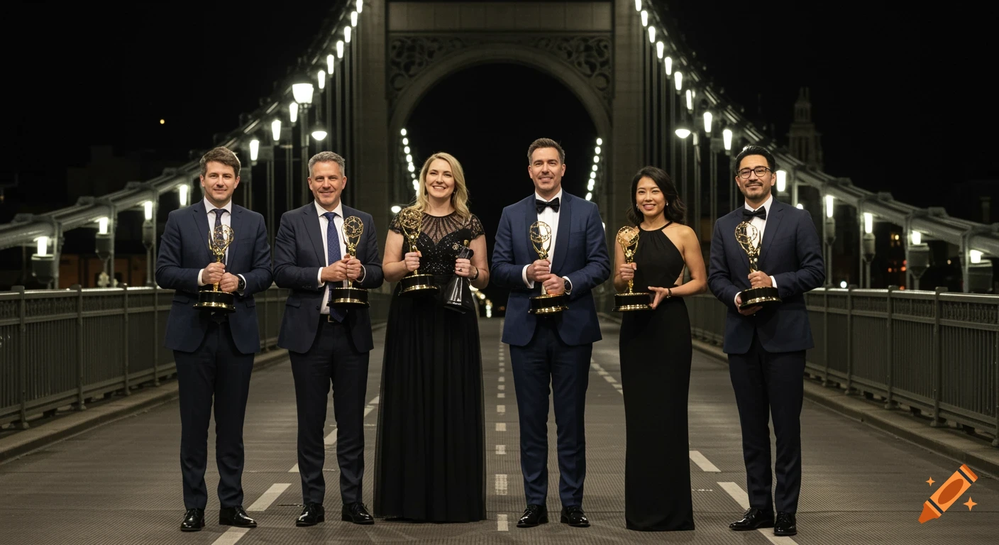 Six people in formal attire hold golden Emmy awards on a bridge at night with illuminated lampposts, photorealistic.