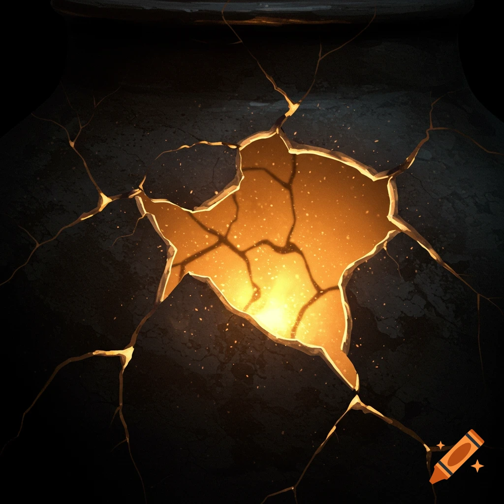 A dark, cracked pot glows with warm orange light emanating from its interior and through the fissures.