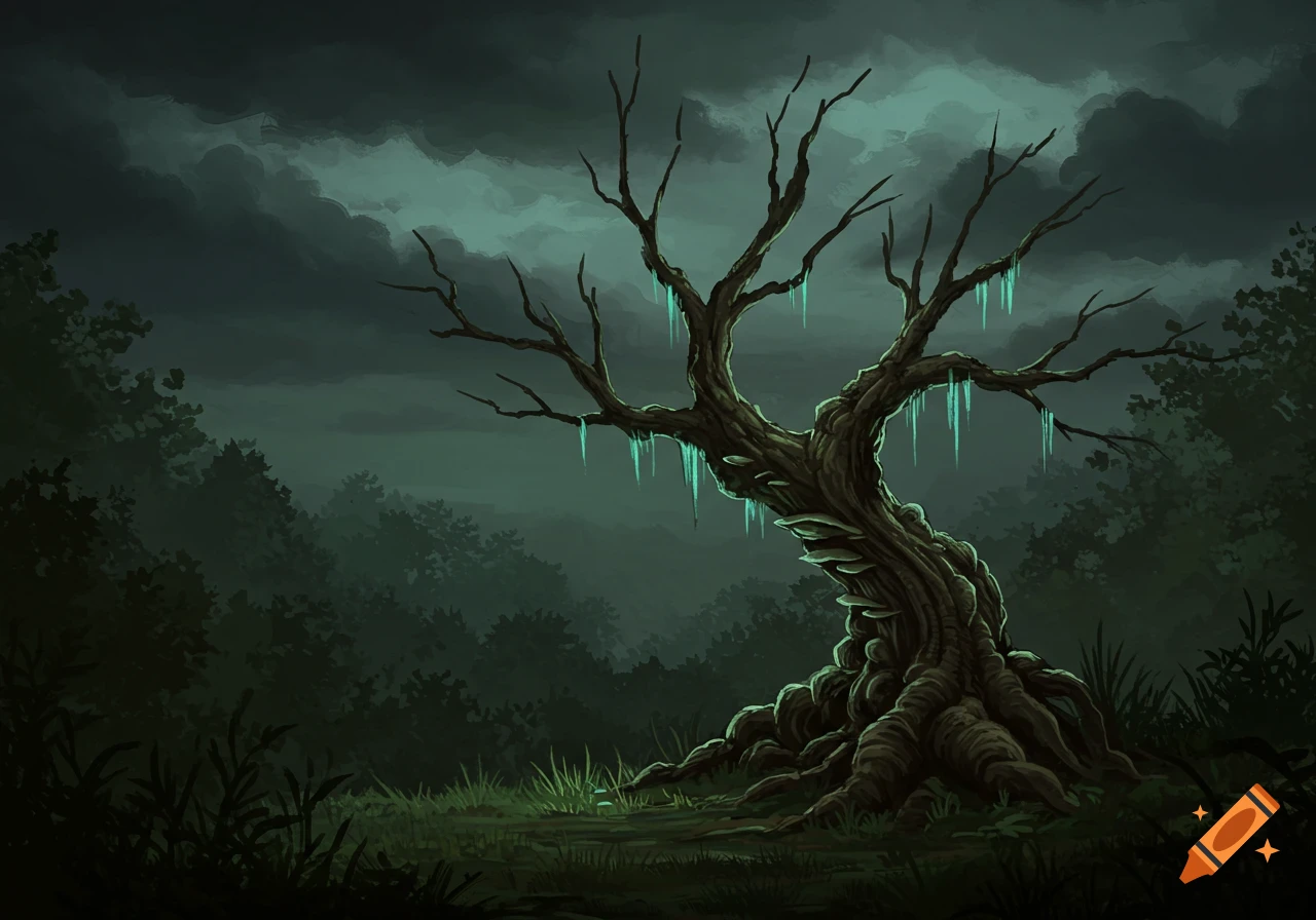 A gnarled, bare tree with glowing blue icicles and mushrooms in a dark, misty forest under a stormy sky.