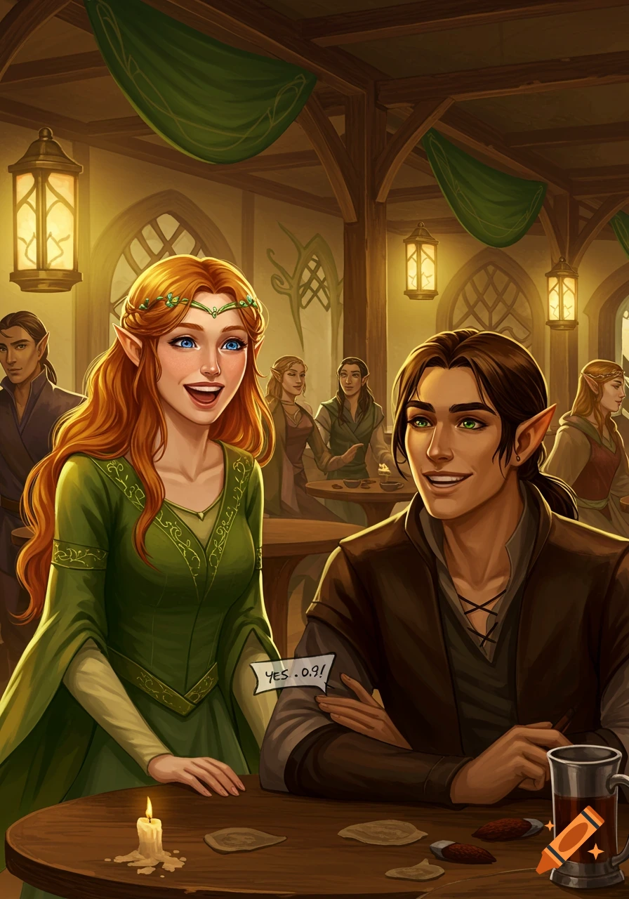 Two smiling elves, a woman with red hair and a man with dark hair, sit at a table in a fantasy tavern. Other patrons are in the background. Text reads 'YES .0.9!'