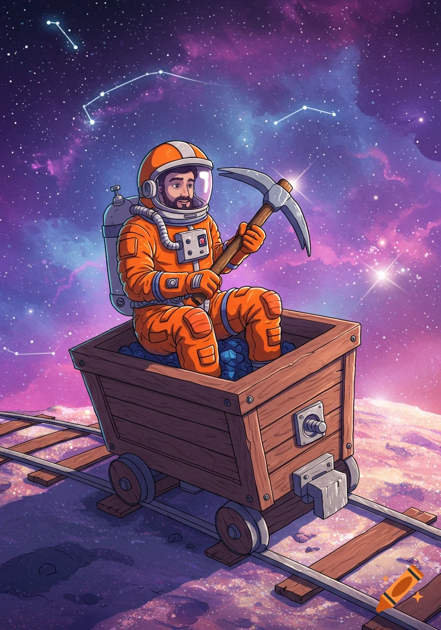 A cartoon astronaut in an orange suit sits in a wooden minecart holding a pickaxe, against a vibrant galaxy background.
