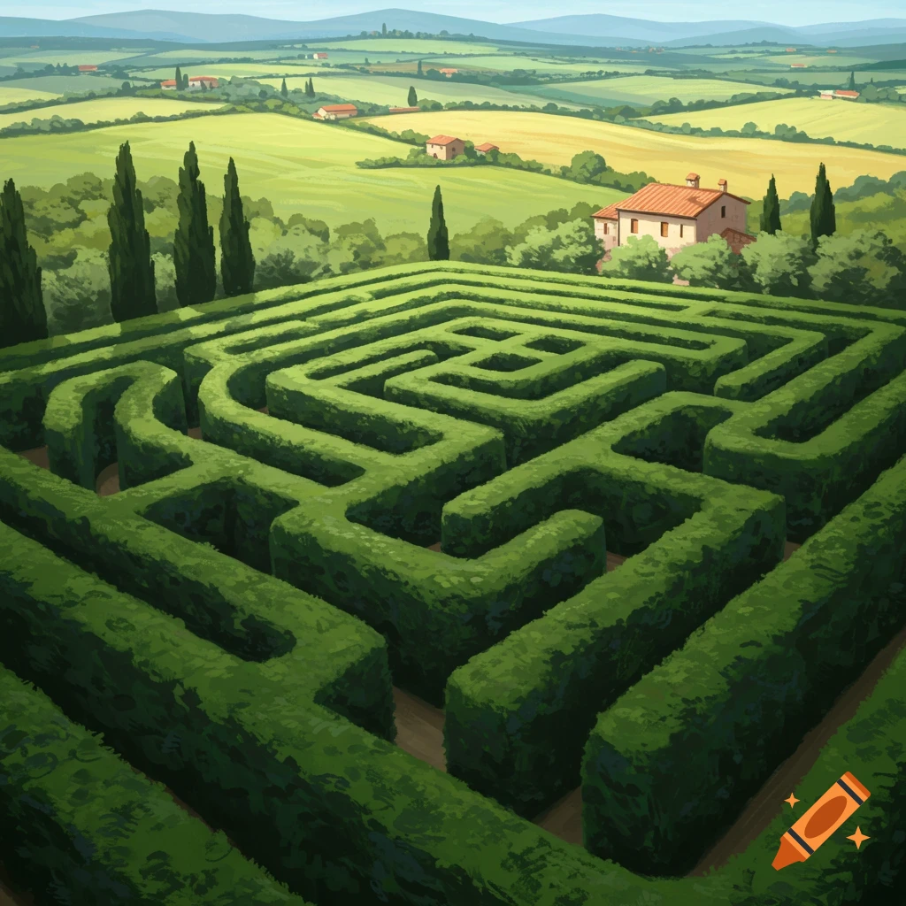 Illustrated view from above of a large hedge maze in a rolling green Italian countryside with scattered farmhouses.