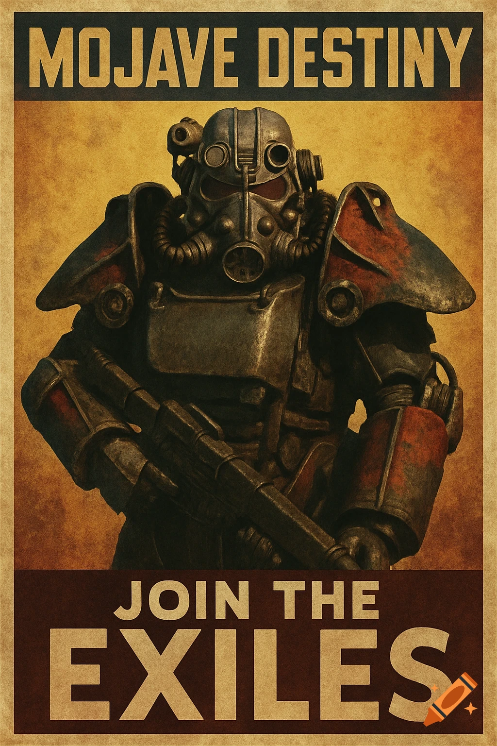 A vintage-style poster depicting a person in rusted power armor holding a rifle. Text reads 'MOJAVE DESTINY' and 'JOIN THE EXILES'.