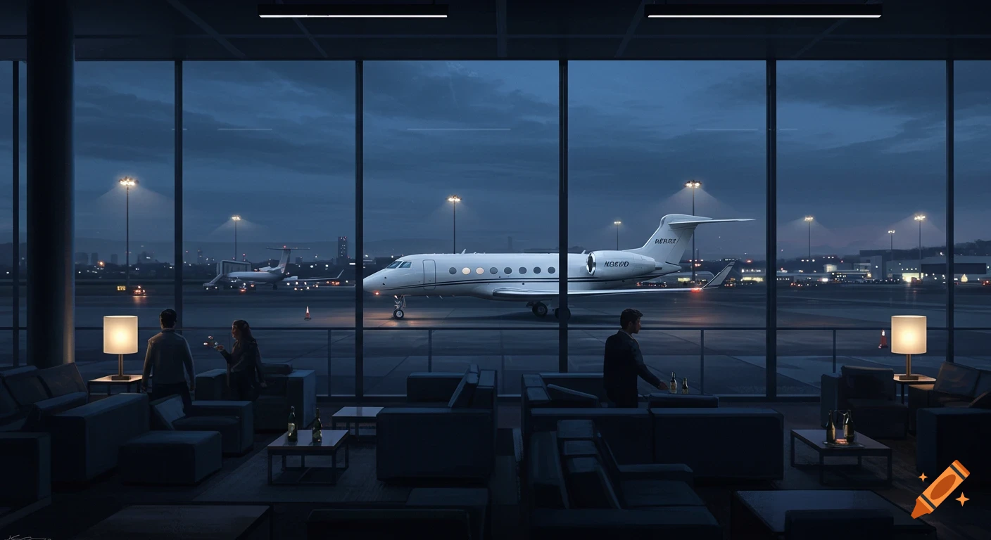 A luxurious airport lounge at night, overlooking a private jet on the tarmac. People relax in comfortable seating with soft lighting.