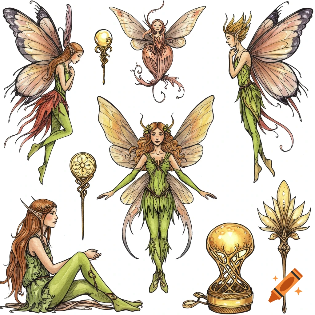 A collection of elegant fairies and magical staffs in pen and ink with watercolor style on a white background.
