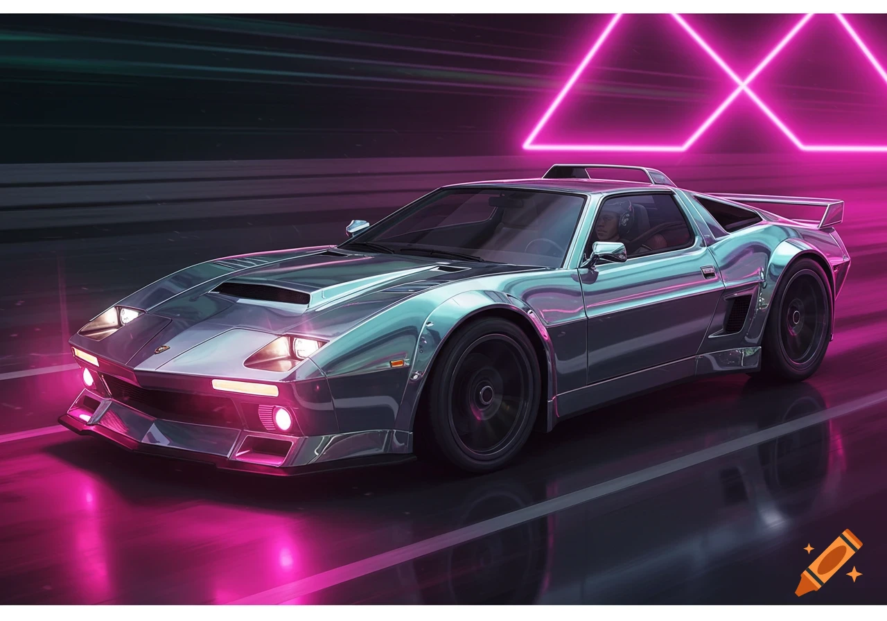 A shiny metallic sports car with glowing pink headlights drives down a neon-lit road under pink geometric neon lights in a synthwave style.