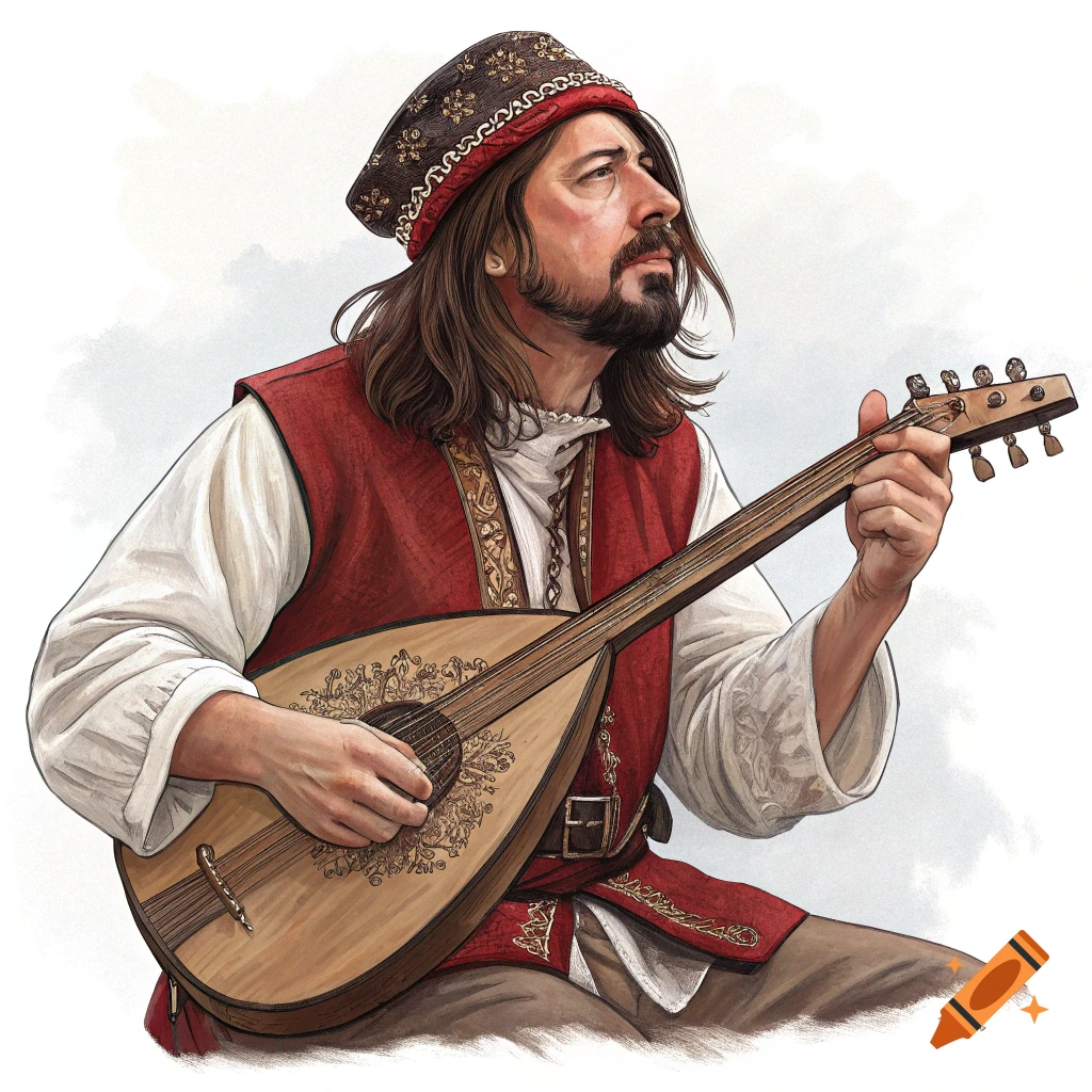 An illustration of a bearded man in historical clothing playing a lute.