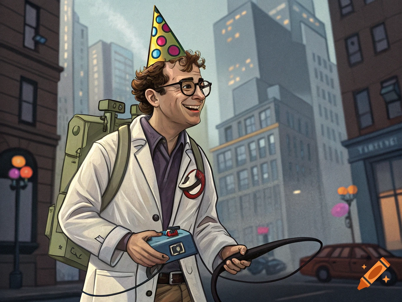 An illustration of Rick Moranis as a Ghostbuster, wearing a white lab coat, proton pack, and a colorful polka-dot party hat, smiling in a city street setting.