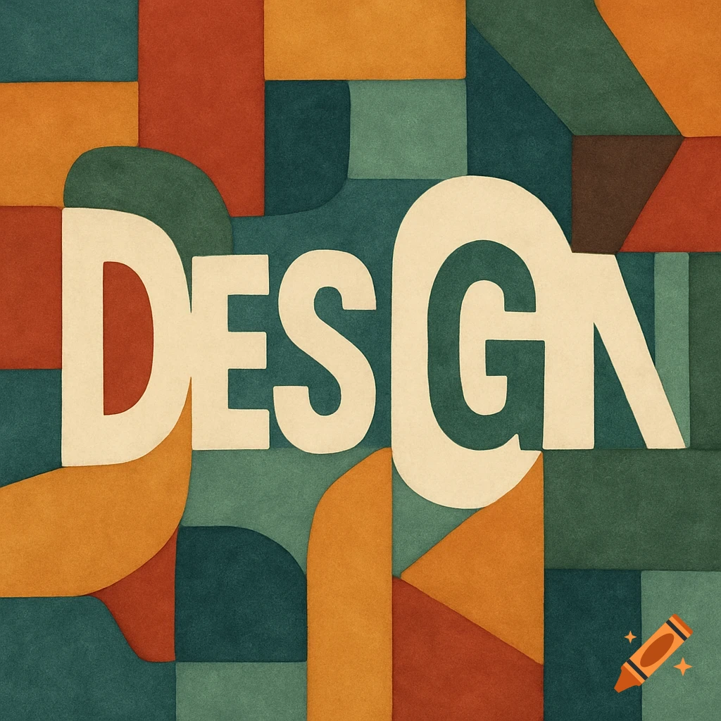 Abstract design with colorful geometric and organic shapes, forming the word 'DESIGN' in the negative space, resembling a felt or cut-paper style.
