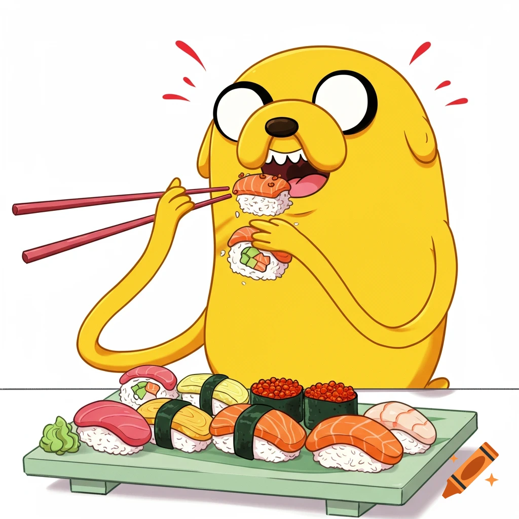 Yellow cartoon dog Jake eating a piece of sushi with chopsticks, with a plate of various sushi rolls in front.