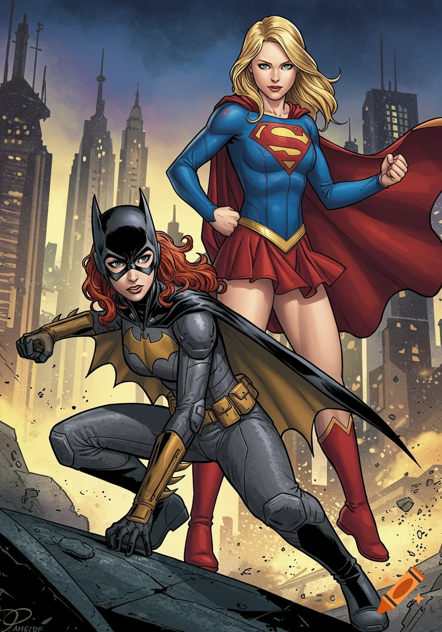 Batgirl and Supergirl stand posed in a dynamic comic book illustration with a city skyline in the background.