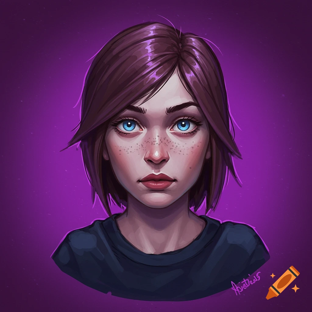 Stylized digital painting of a young woman with short brown hair, blue eyes, and freckles, against a purple background.