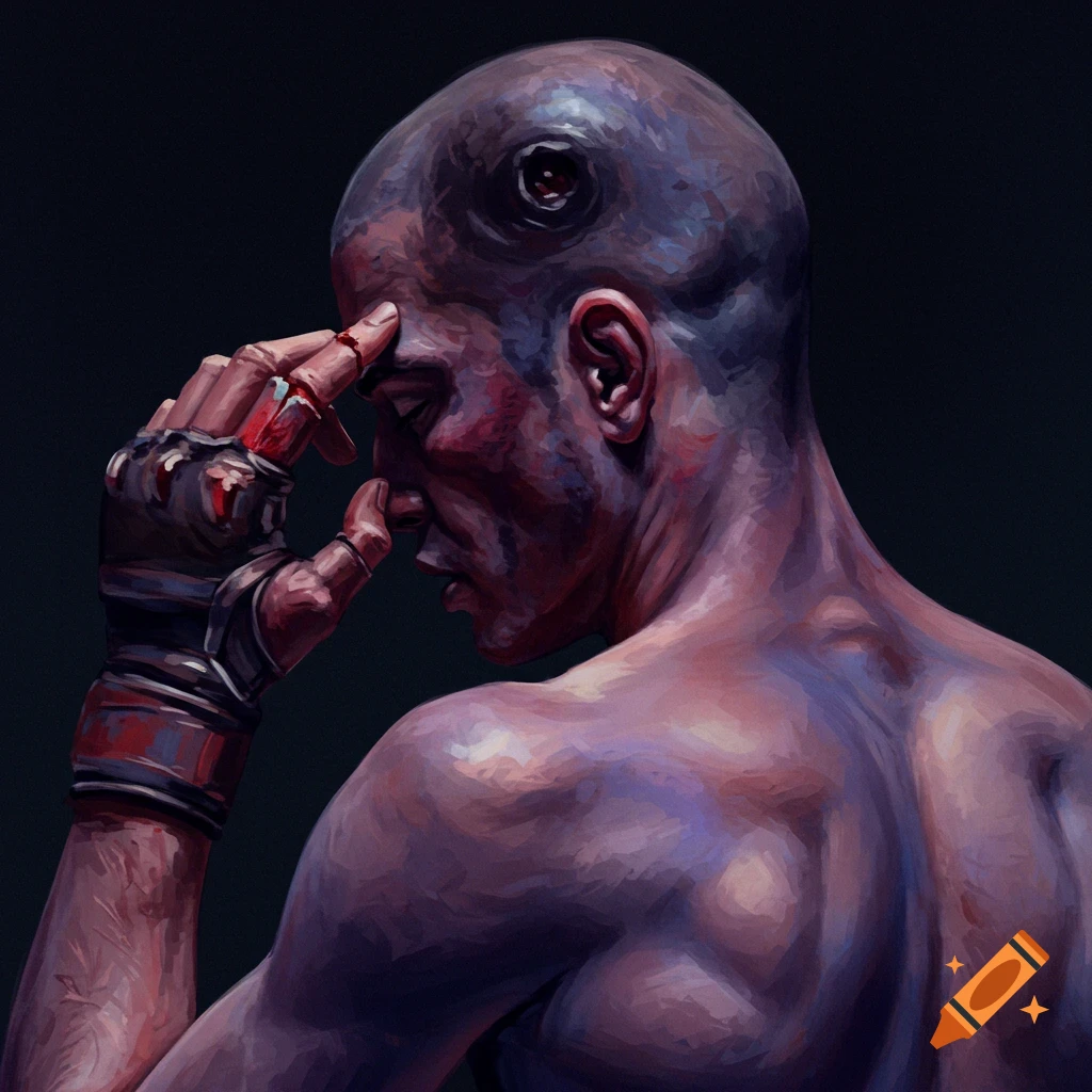 A bruised and injured fighter with a malformed head and a bloodied, broken hand, looking down in a somber painting.