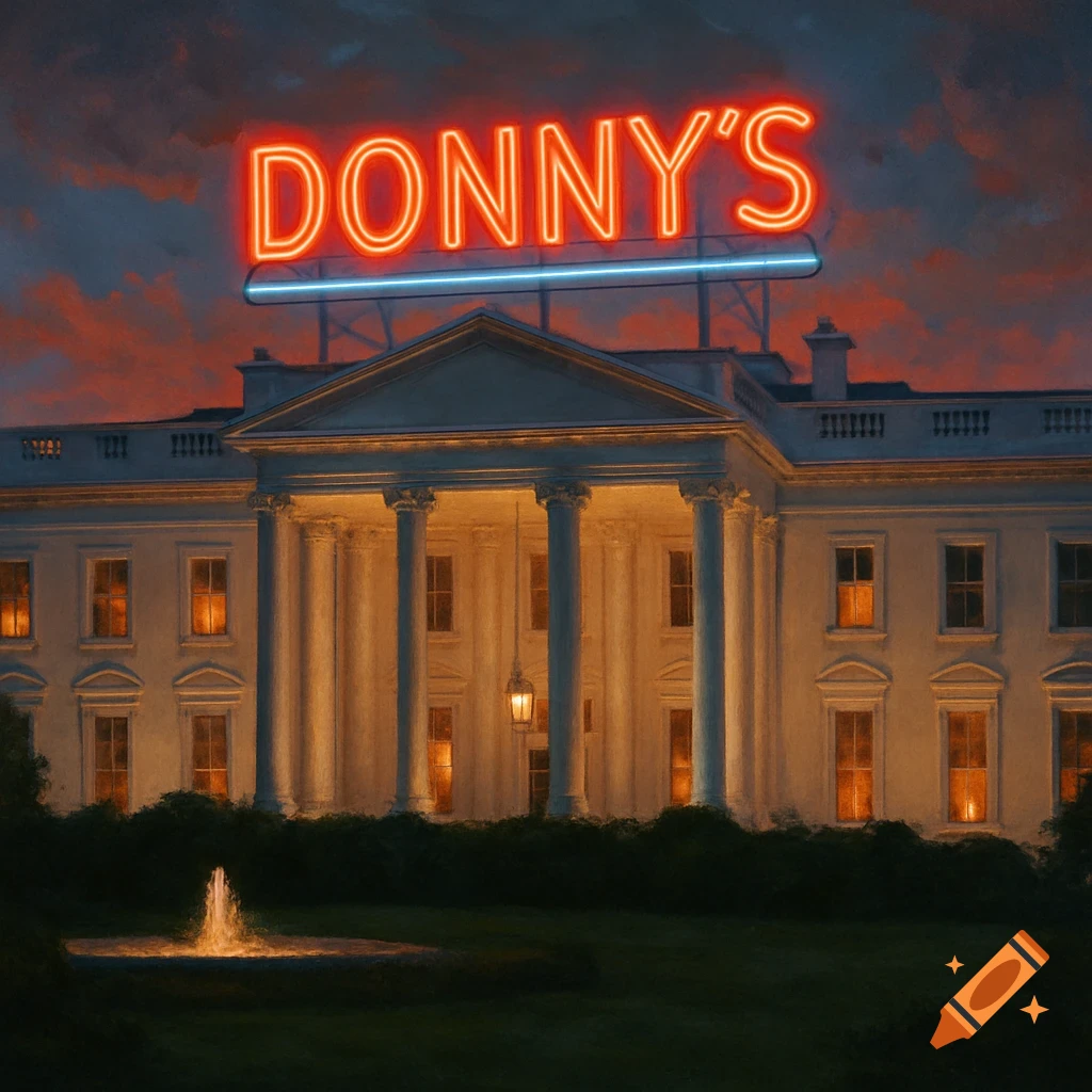 The White House at dusk with a large glowing red neon sign saying 'DONNY'S' on its roof, and a fountain in the foreground.