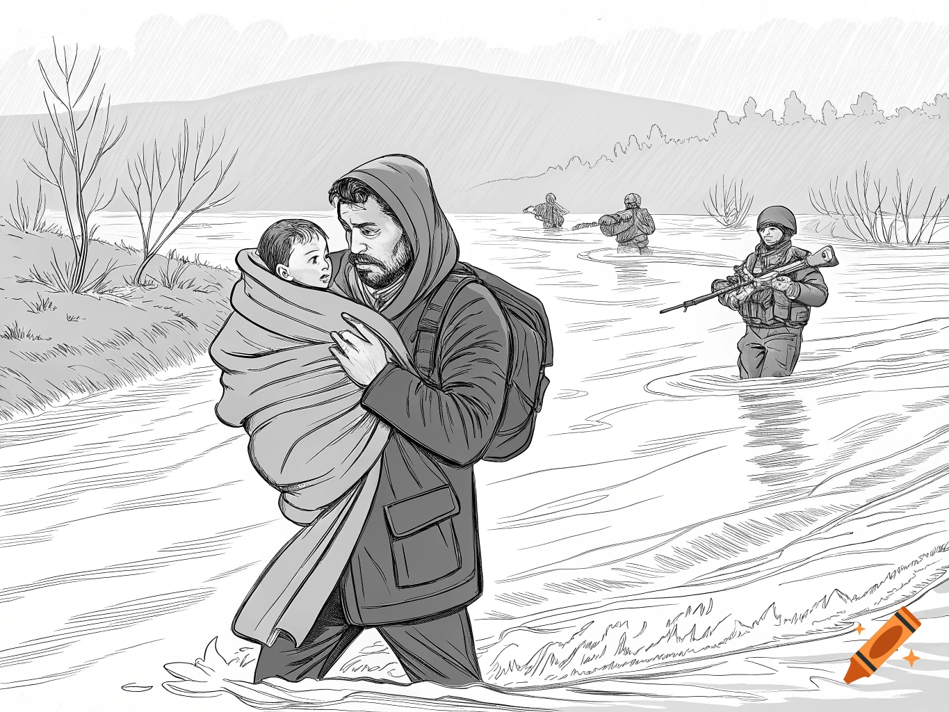 Line drawing of a bearded man carrying a baby wrapped in a blanket through a river, with soldiers wading in the background.