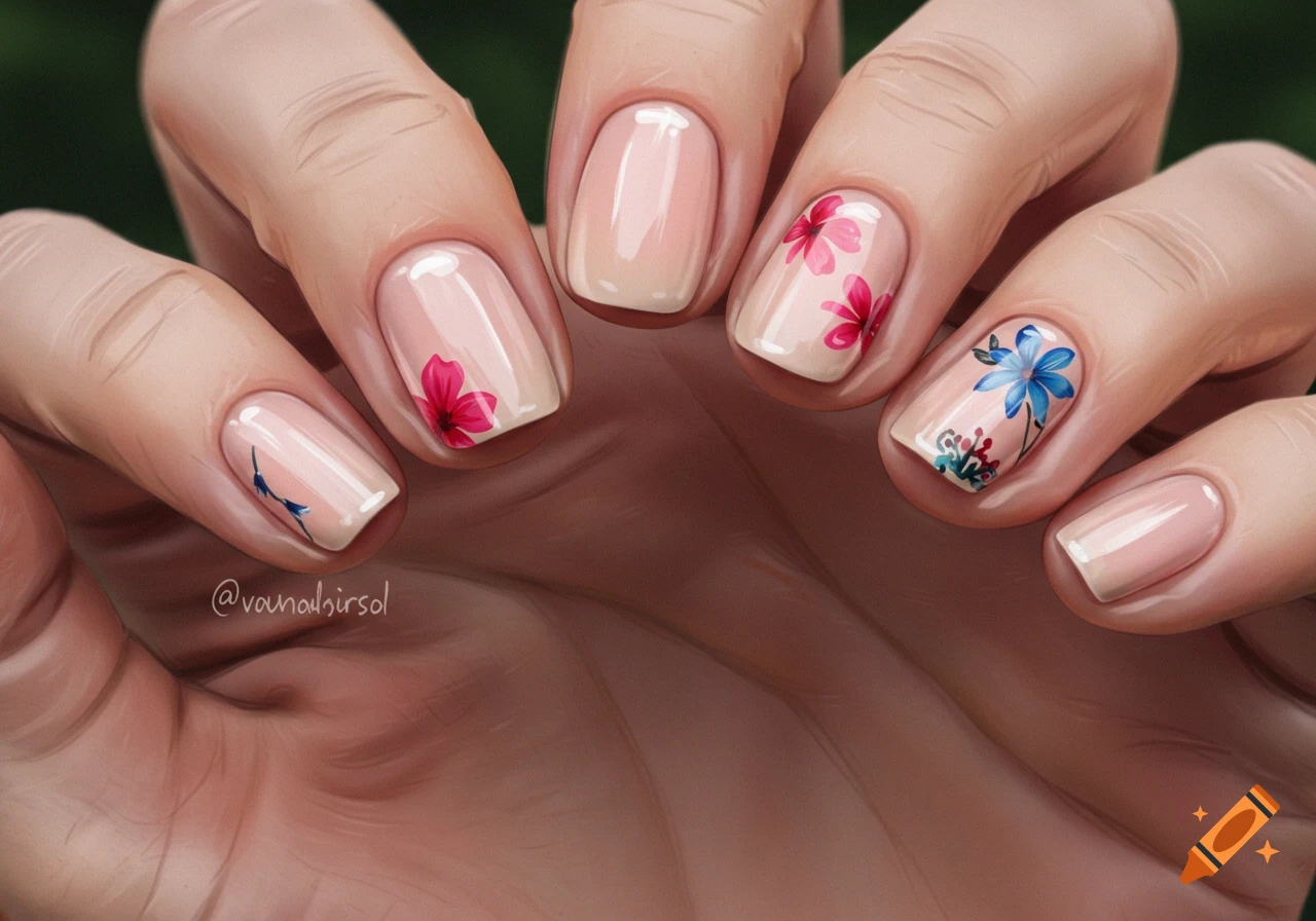 Close-up of a hand with neutral pink and beige almond-shaped nails, featuring intricate floral designs including red, pink, and blue flowers.
