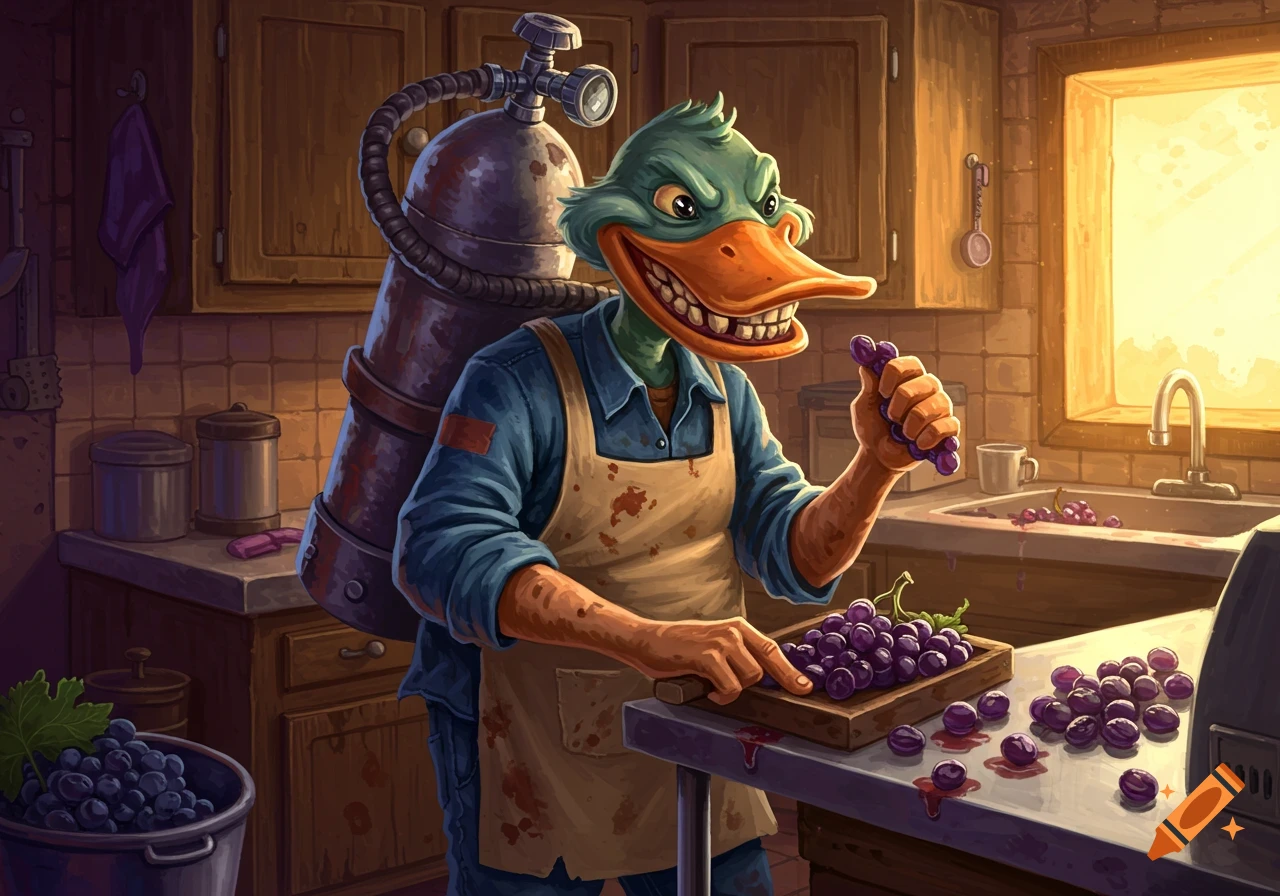 A sinister-looking cartoon duck with an oxygen tank on his back grins while squishing grapes in a messy kitchen.