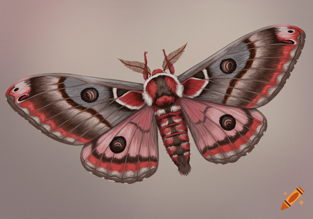 An overhead illustration of a colorful moth with red, pink, and grey wings and feathered antennae.
