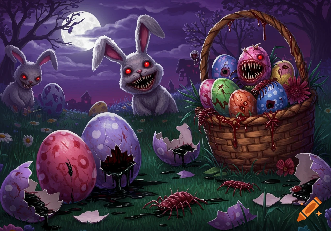 A spooky digital illustration of red-eyed, fanged bunnies and grotesque, blood-covered Easter eggs in a moonlit, dark fantasy field.