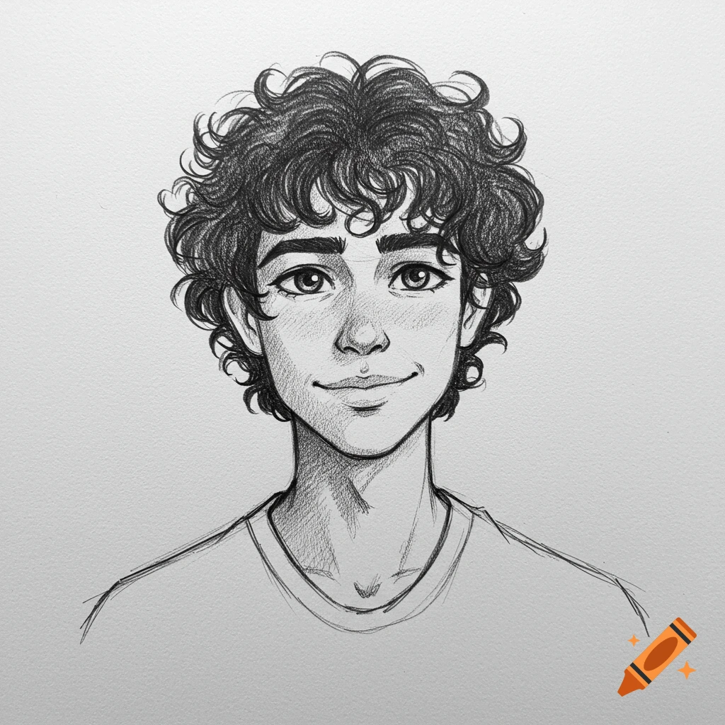 A black and white pencil sketch portrait of a smiling young person with curly hair.