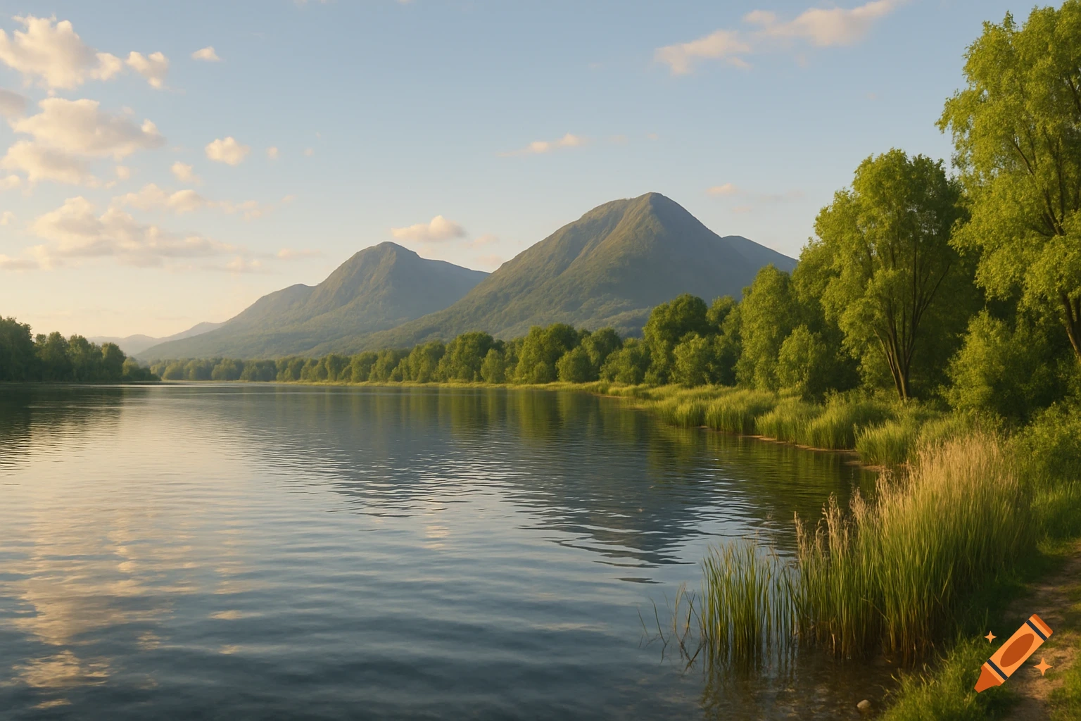 A serene lake reflects the sky and mountains, surrounded by lush green trees and tall grass on the banks.