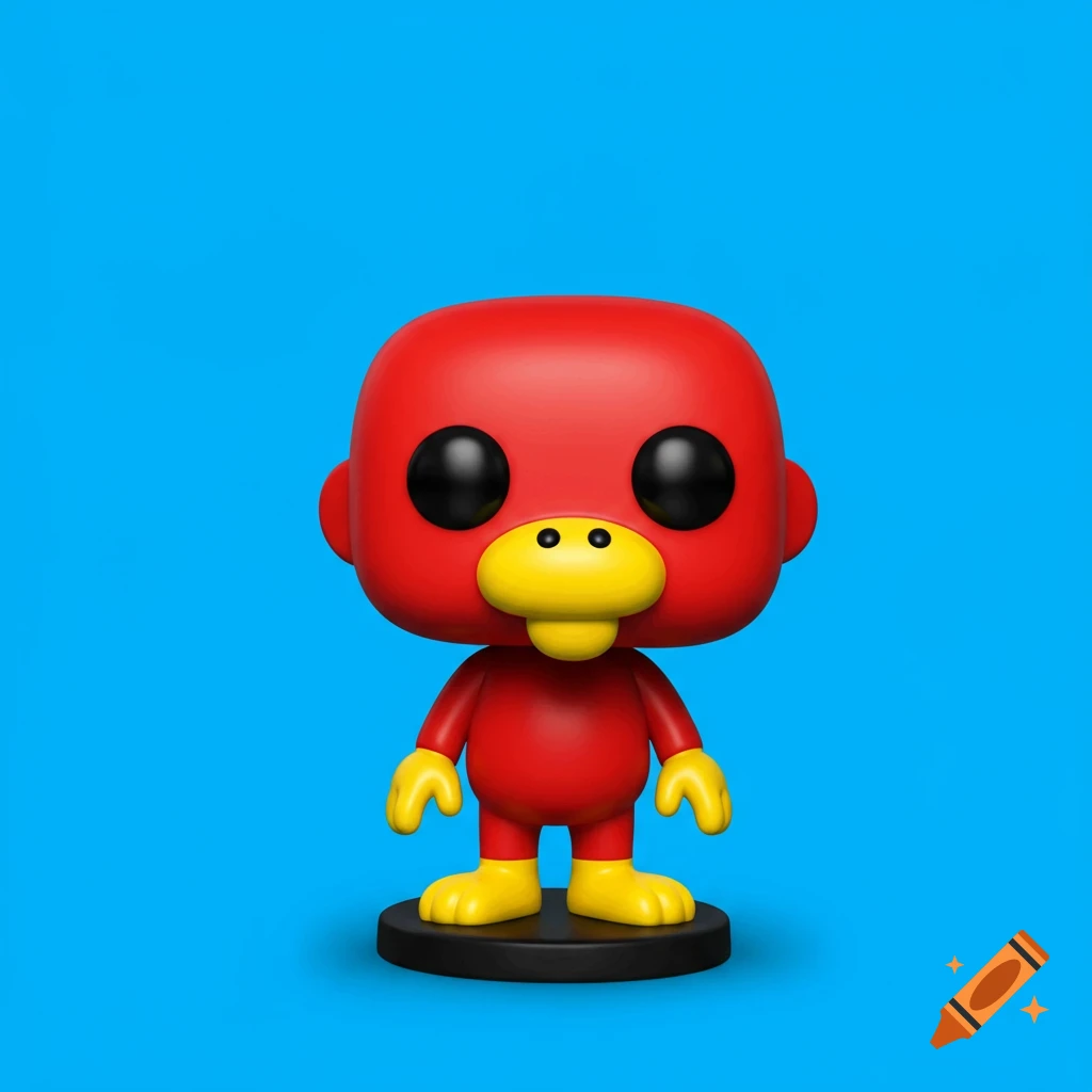A red Funko Pop figure with black eyes and a yellow duck-like snout, standing on a black base against a blue background.