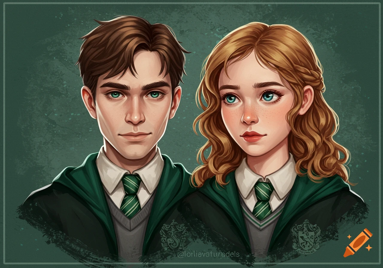 A stylized illustration of two young students, a male and female, with green eyes, wearing green and silver Slytherin uniforms.