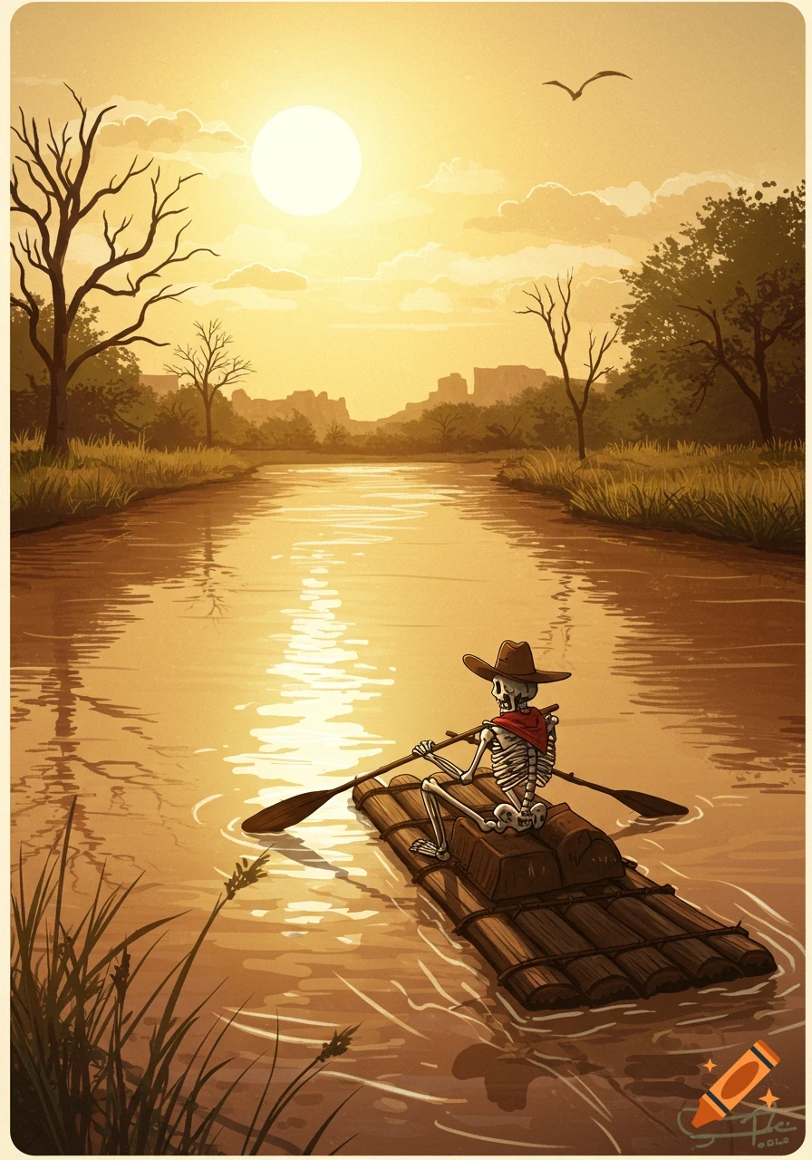 Stylized illustration of a skeleton in a cowboy hat rowing a wooden ...