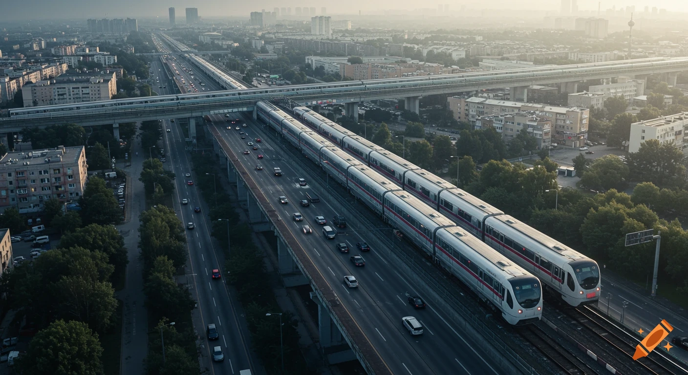 Aerial view of an urban landscape with trains on elevated tracks and cars on a multi-lane highway, surrounded by buildings and trees.