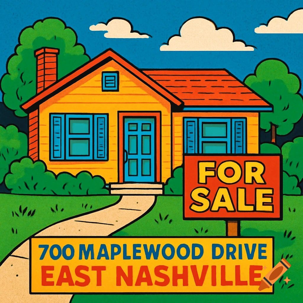 A colorful pop art illustration of a yellow house with a red roof, a "For Sale" sign, and another sign reading "700 Maplewood Drive East Nashville".