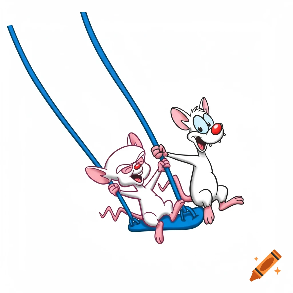 Pinky and The Brain cartoon characters swinging on a blue rope, vector illustration.