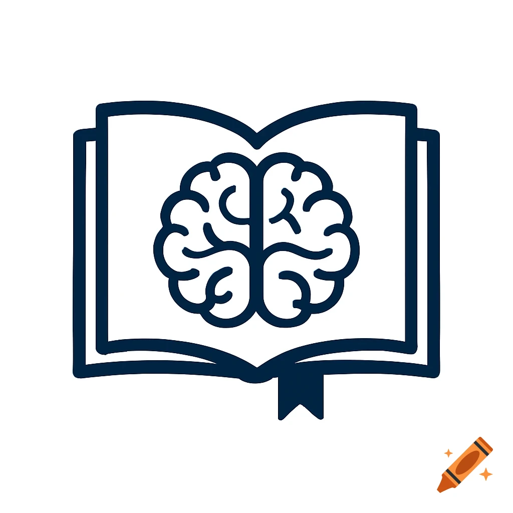 A simple blue outline icon of an open book with a brain on its pages and a bookmark hanging down.