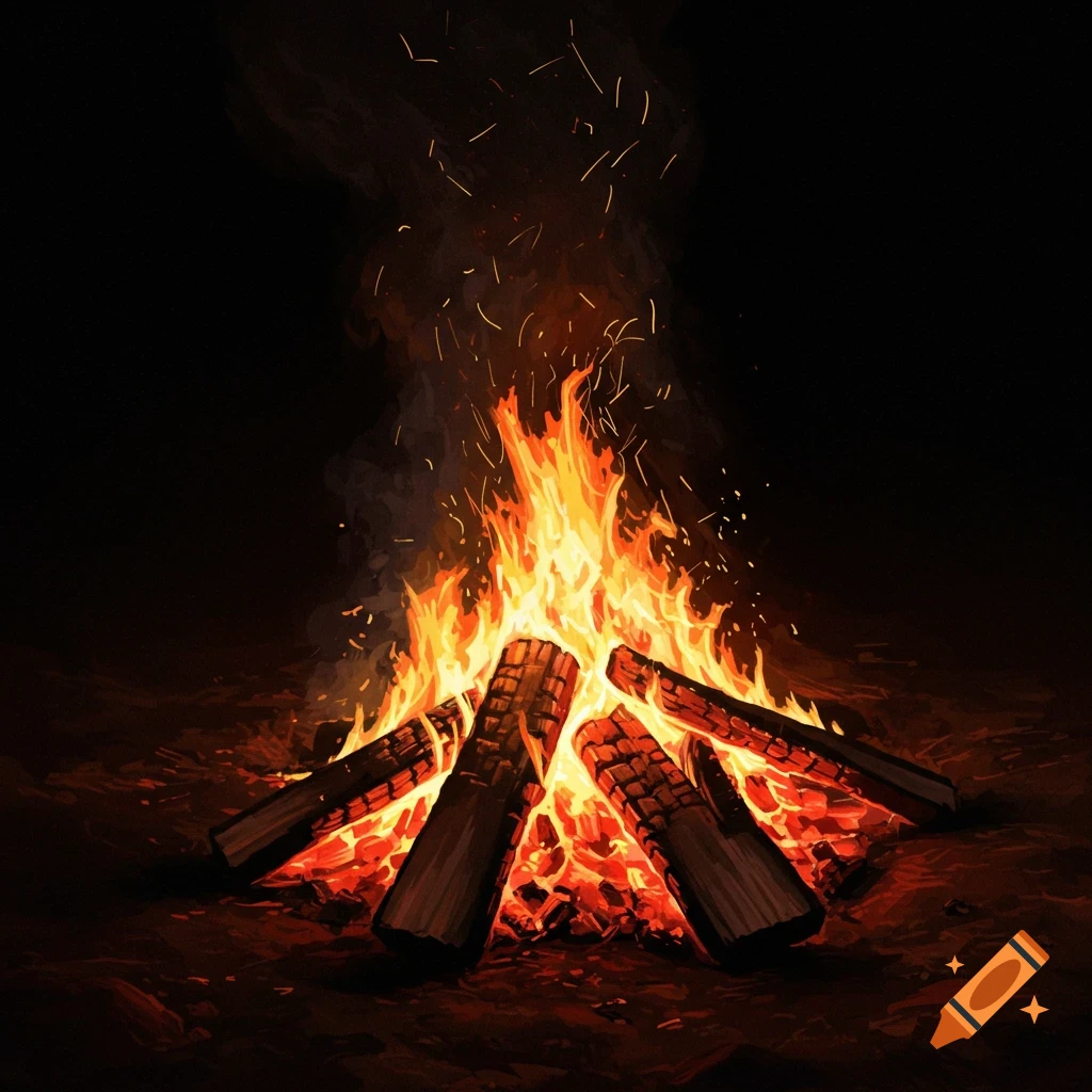 A vibrant campfire with logs glowing orange and yellow flames, sparks rising against a dark background in an illustrative style.