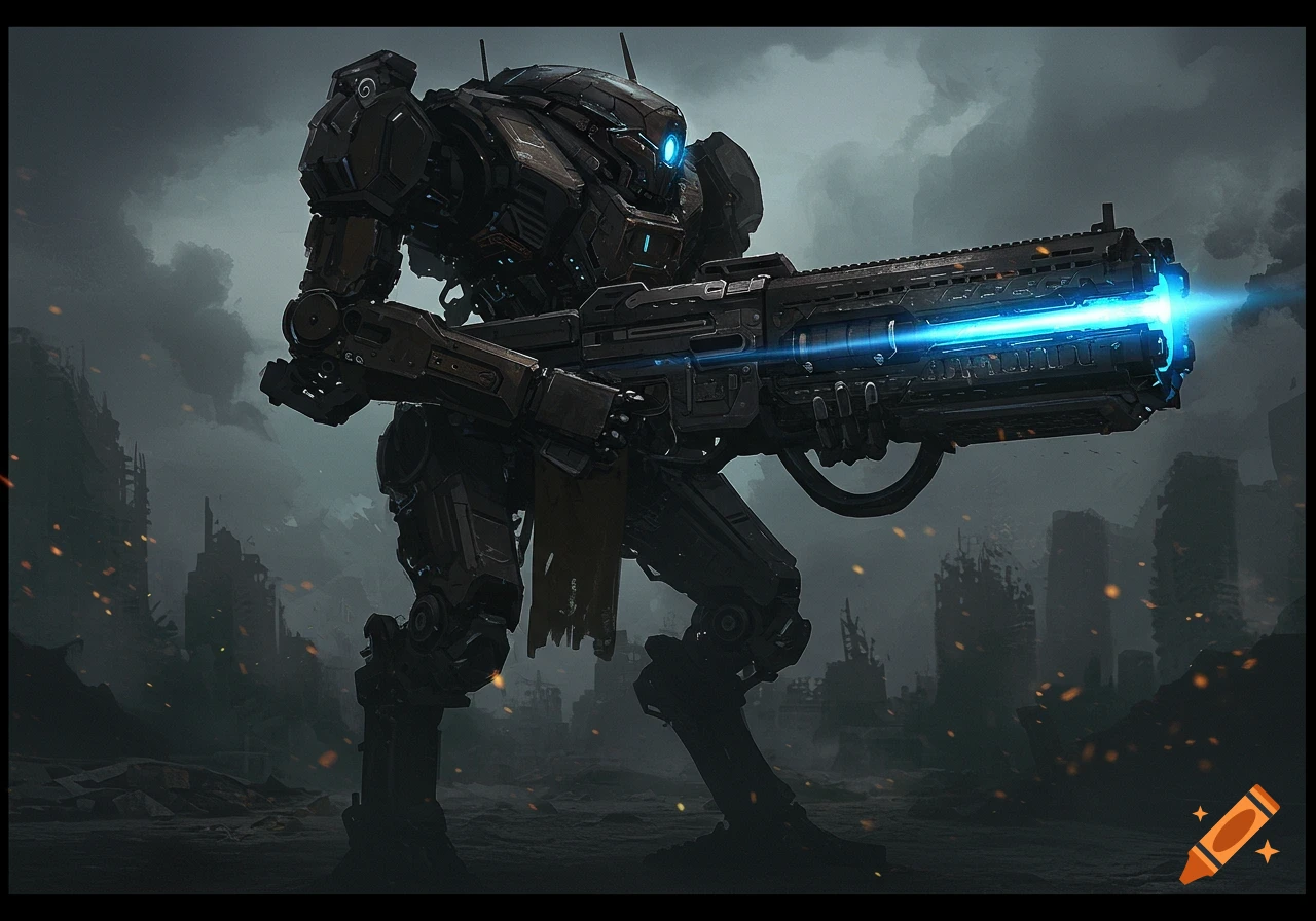 A dark, heavily armored mech robot stands in a ruined city, holding a large futuristic gun with a glowing blue muzzle.