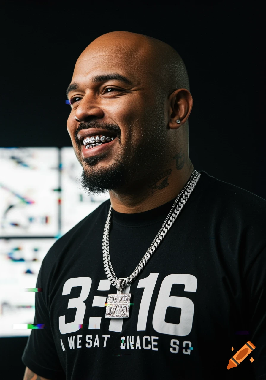 A bald man with a goatee, diamond grillz, and heavy silver chains smiles, wearing a black shirt with '3:16' on it, against a dark background with static noise.