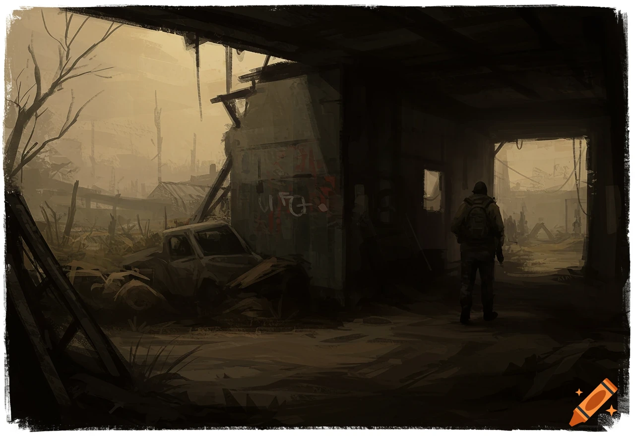 A digital painting depicts a lone figure in a dark, gritty post-apocalyptic city with destroyed buildings and a crashed car.