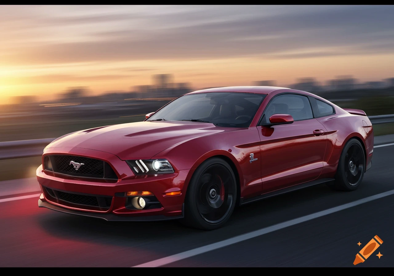 A red Ford Mustang driving on a road at sunset, with a blurred background suggesting motion. Photorealistic.