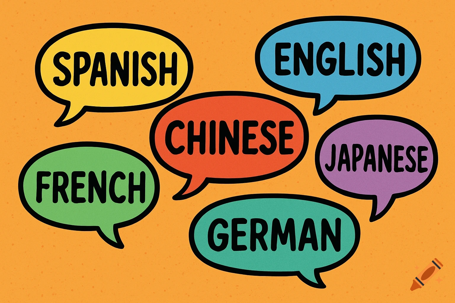 Colorful speech bubbles with 'Spanish', 'English', 'Chinese', 'Japanese', 'French', 'German' on an orange background.