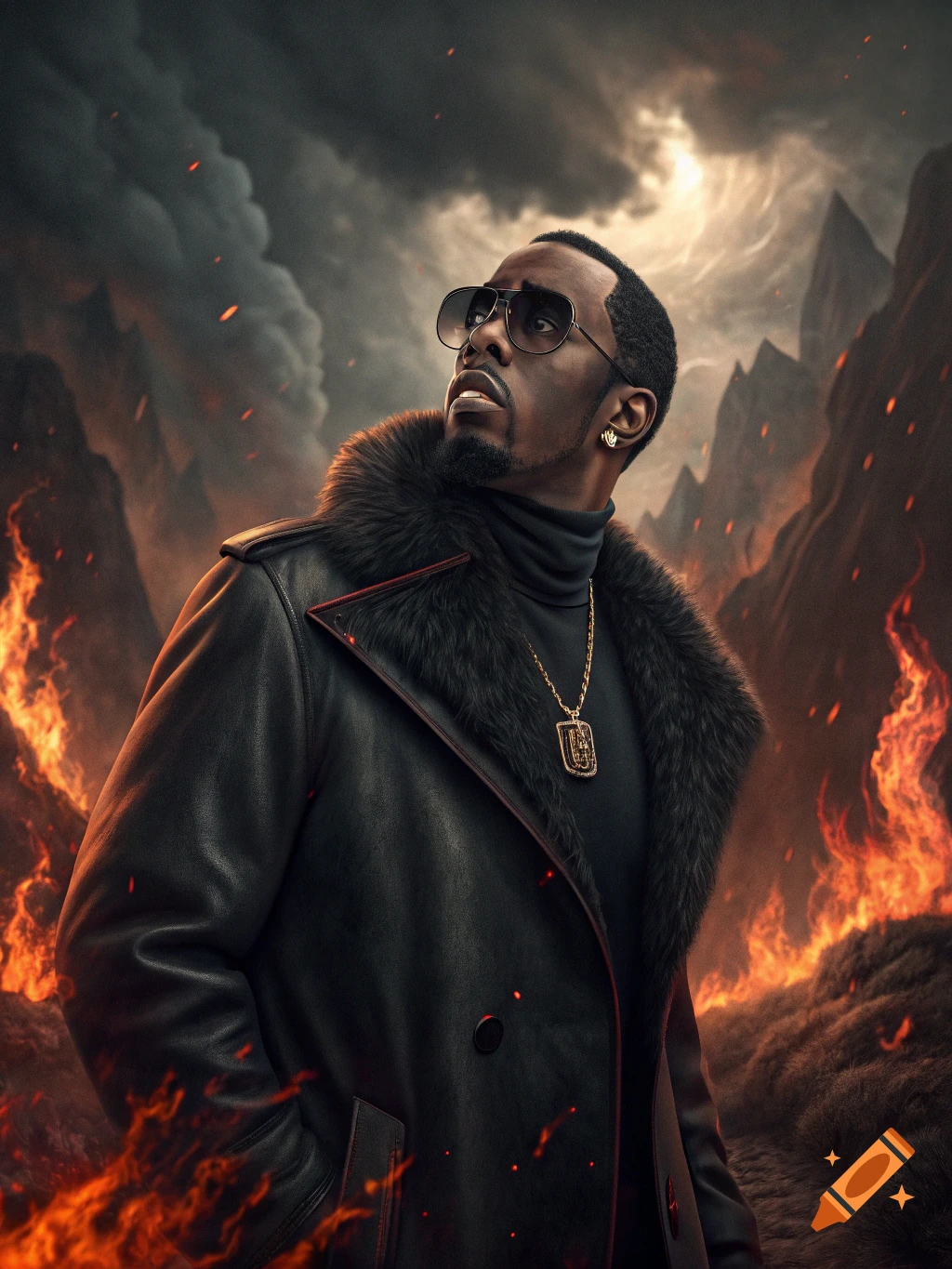 A photorealistic portrait of a man in sunglasses and a fur-lined coat standing in a fiery, hellish landscape under a dark, stormy sky.