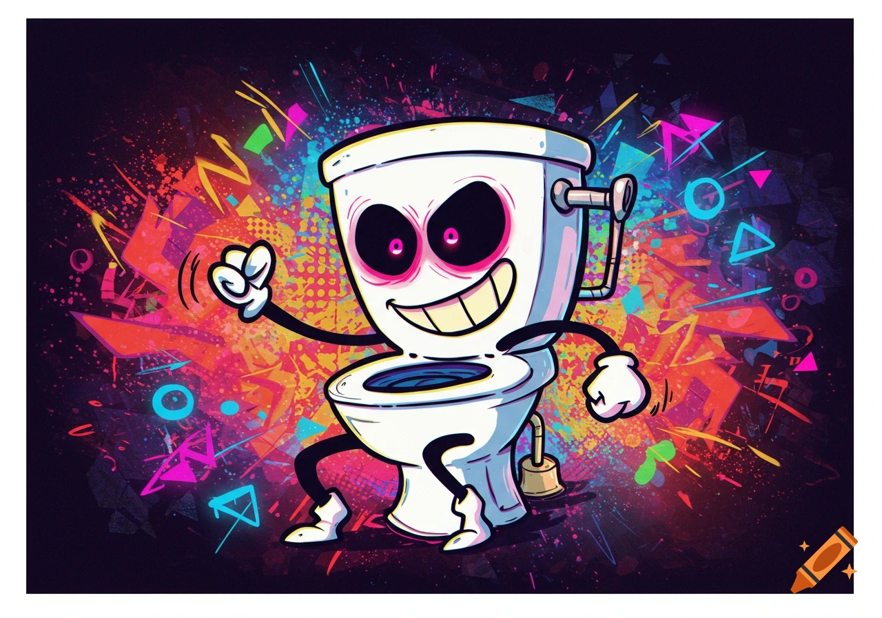 Cartoon toilet character with large pink eyes and a wide smile, dancing on a vibrant abstract background with neon shapes.