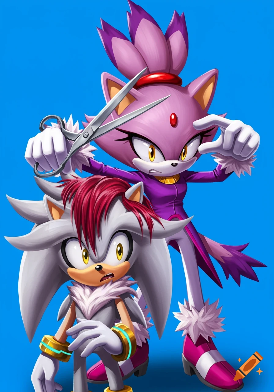Blaze the Cat holds scissors to Silver the Hedgehog's hair, who looks surprised, against a blue background in an anime style.