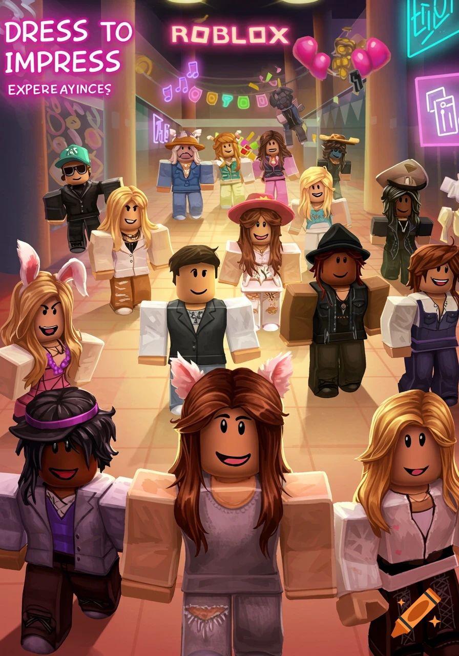 Stylized Roblox characters in various outfits stand in a mall-like setting with neon lights. Text reads 'DRESS TO IMPRESS ROBLOX'.